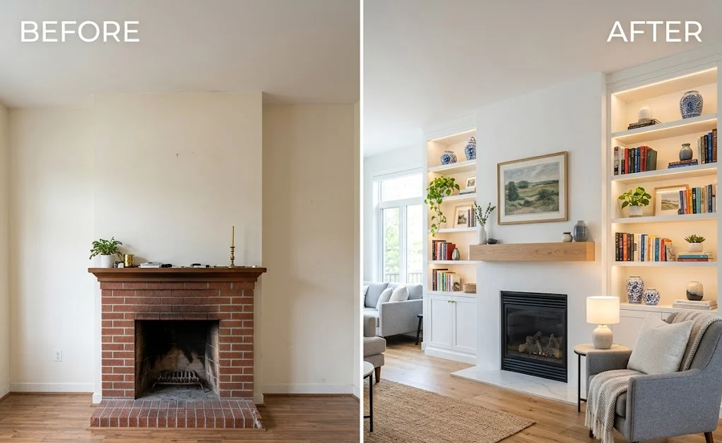 Built-In Shelves Around the Fireplace